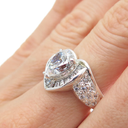 925 Sterling Silver Pear Round & Tapered Baguette-Cut C Z Heart Ring Size 7