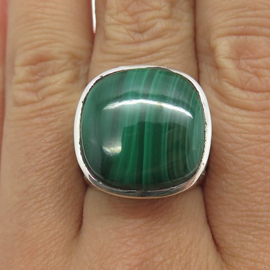 925 Sterling Silver Vintage Real Cabochon Malachite Ornate Ring Size 7.75