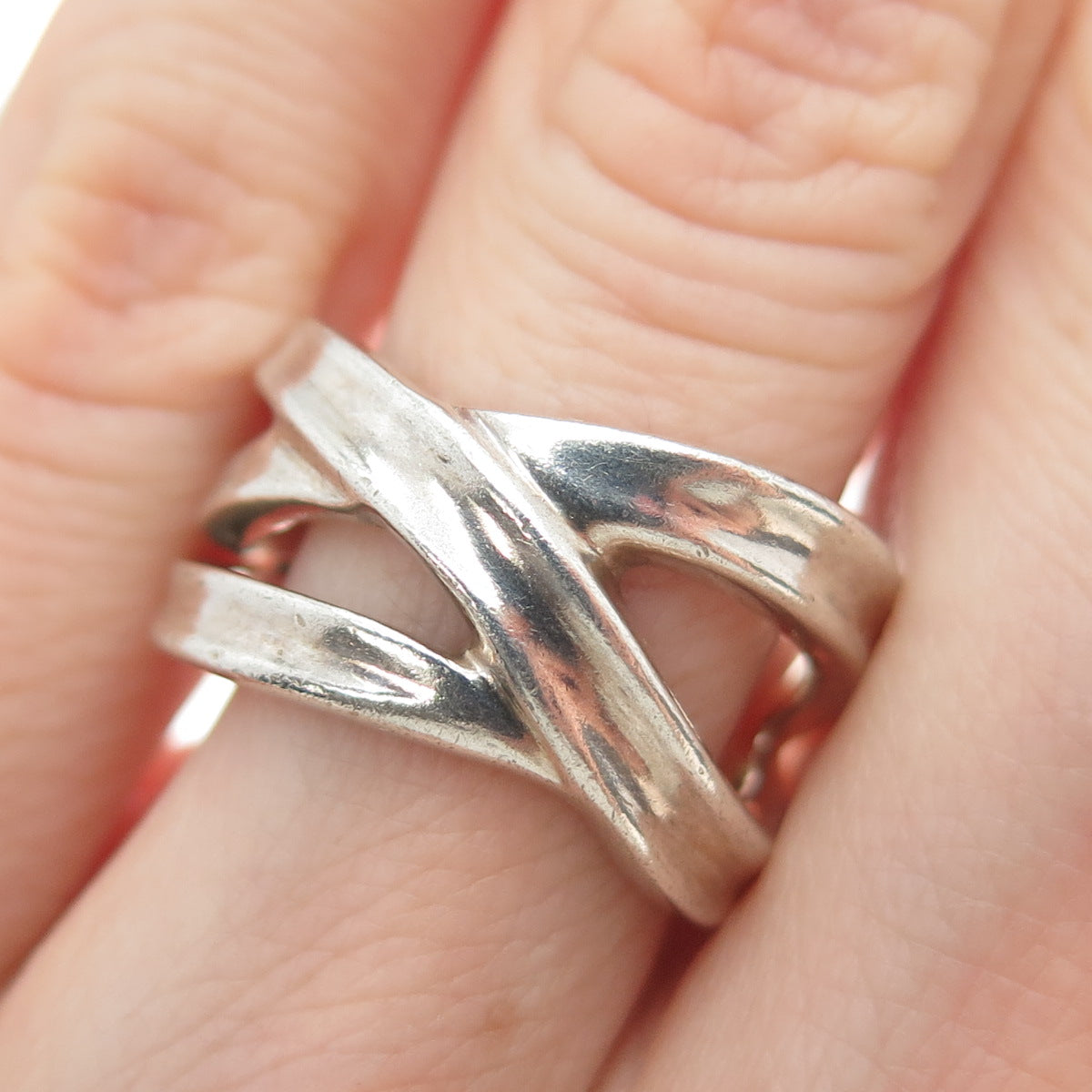 925 Sterling Silver Vintage Modernist Crisscross Ring Size 6.25
