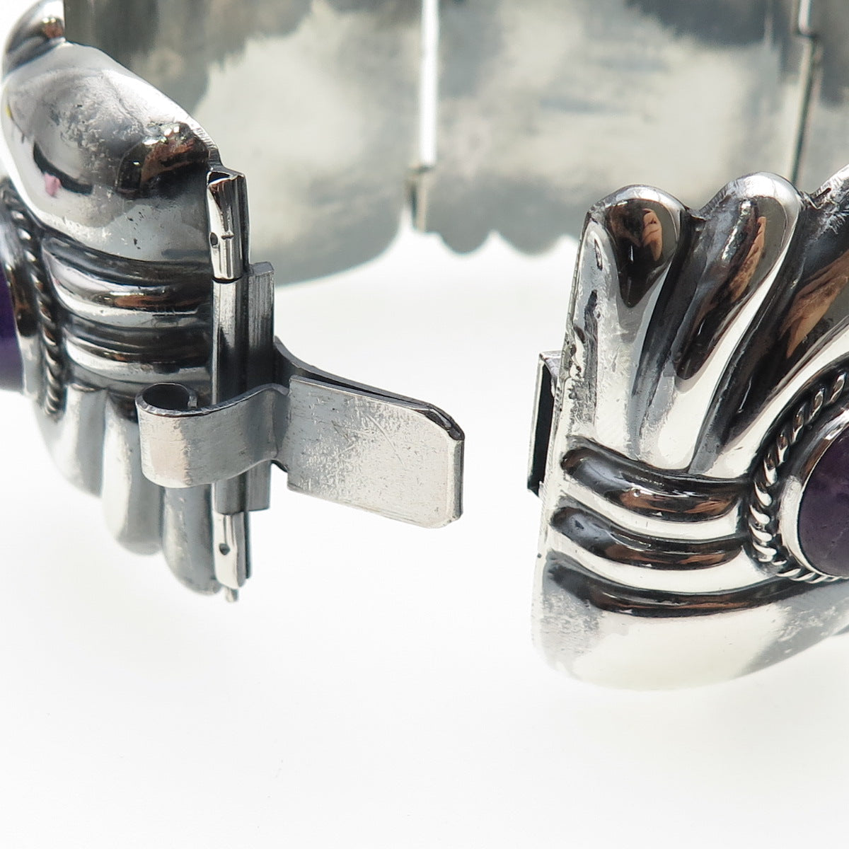 925 Sterling Silver Vintage Real Amethyst Modernist Heavy 106.3g Bracelet 7.5"