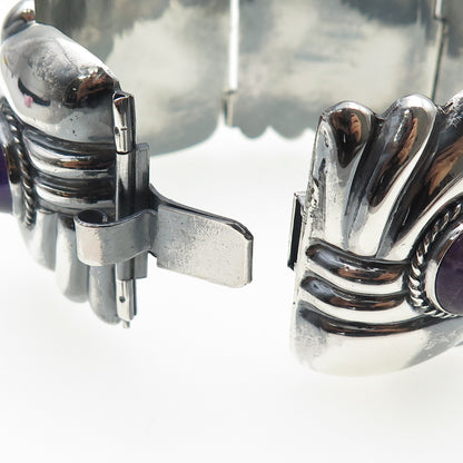 925 Sterling Silver Vintage Real Amethyst Modernist Heavy 106.3g Bracelet 7.5"