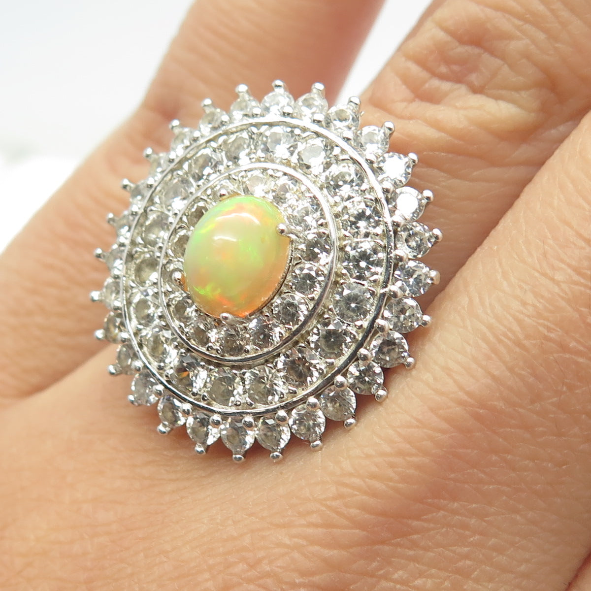 925 Sterling Silver Real Opal & White Topaz Statement Cluster Ring Size 7