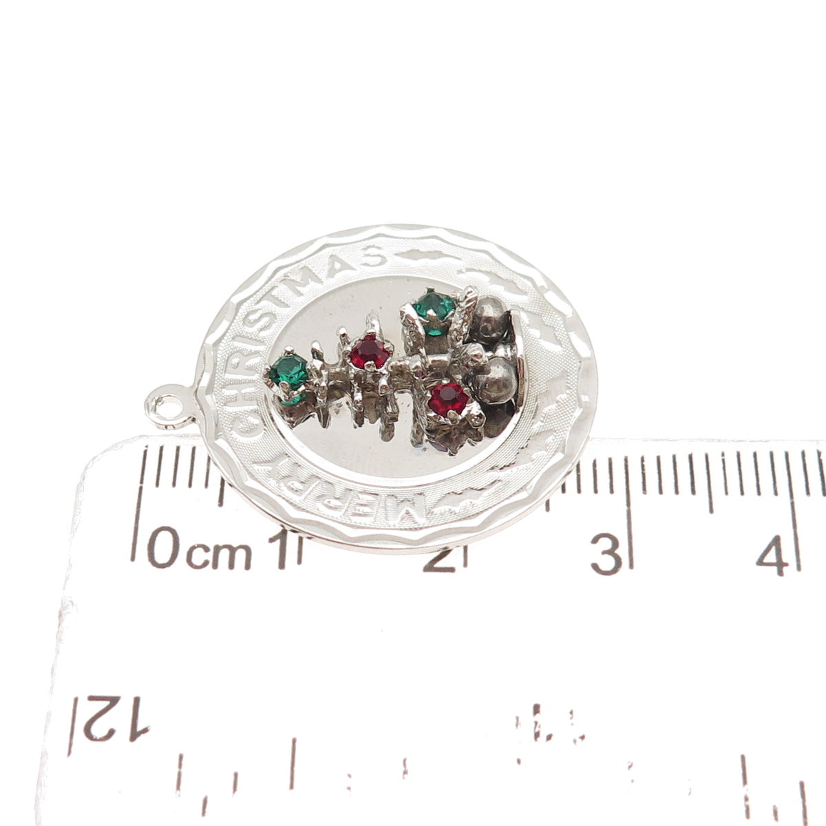 925 Sterling Silver Vintage Rhinestone Merry Christmas Tree Charm Pendant
