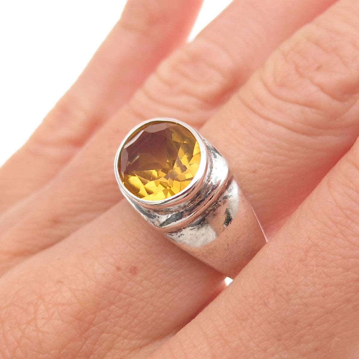 925 Sterling Silver Vintage Real Citrine Modernist Oxidized Ring Size 7.25