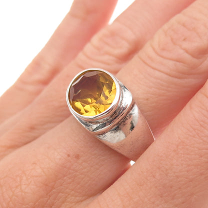 925 Sterling Silver Vintage Real Citrine Modernist Oxidized Ring Size 7.25