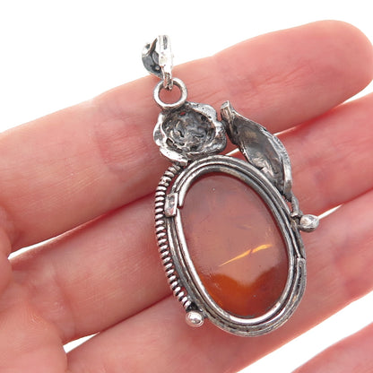 925 Sterling Silver Vintage Real Amber Rose Floral Oxidized Charm Pendant