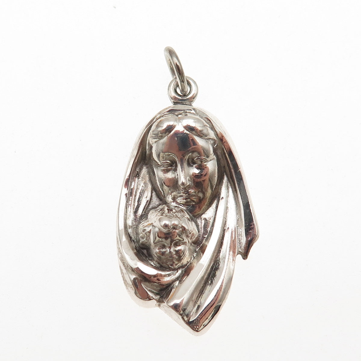 925 Sterling Silver Vintage St. Mary & Jesus Oxidized Charm Pendant