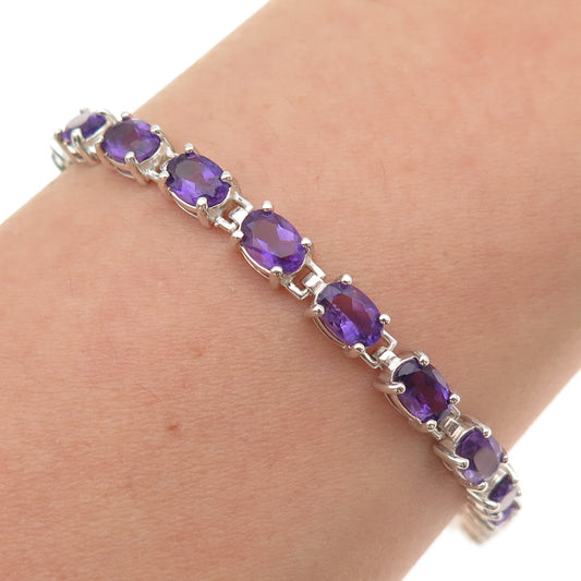 ROSS SIMONS 925 Sterling Silver Real Oval-Cut Amethyst Tennis Link Bracelet 6.5"