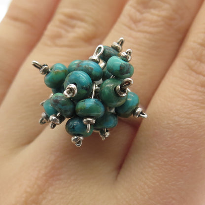 925 Sterling Silver Vintage Real Kingman Turquoise Modernist Beads Ring Size 6.5