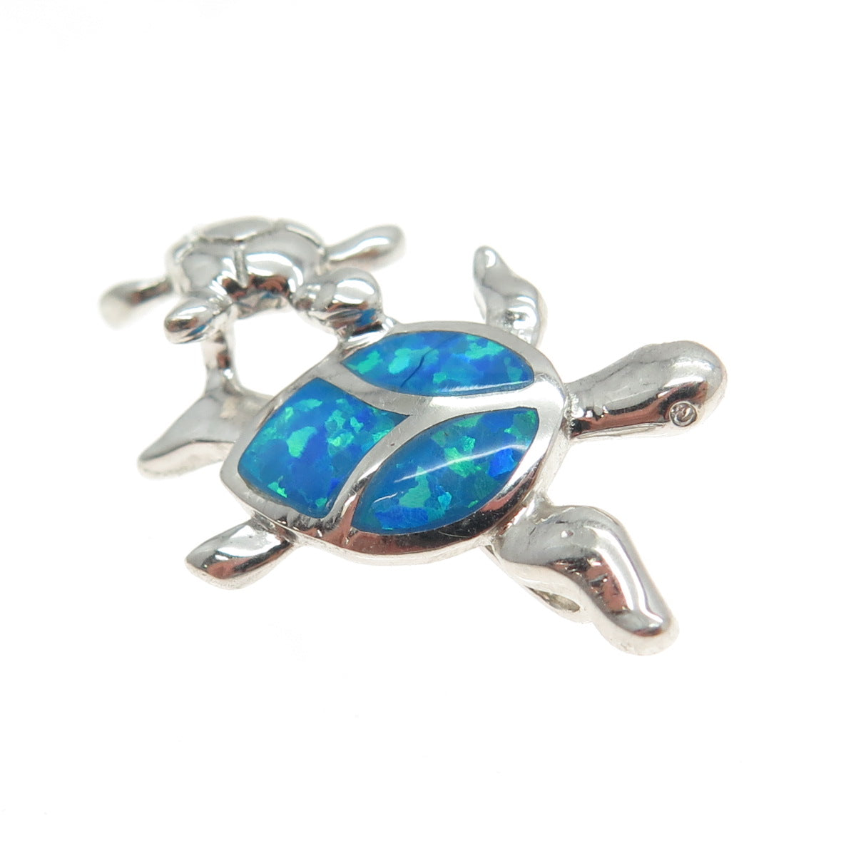 925 Sterling Silver Real Doublet Opal Gem Inlay Couple of Turtles Slide Pendant