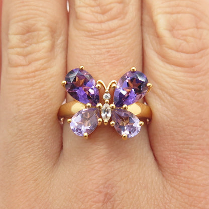 925 Sterling Silver Gold Plated Topaz & Amethyst Gem Butterfly Ring Size 10.25