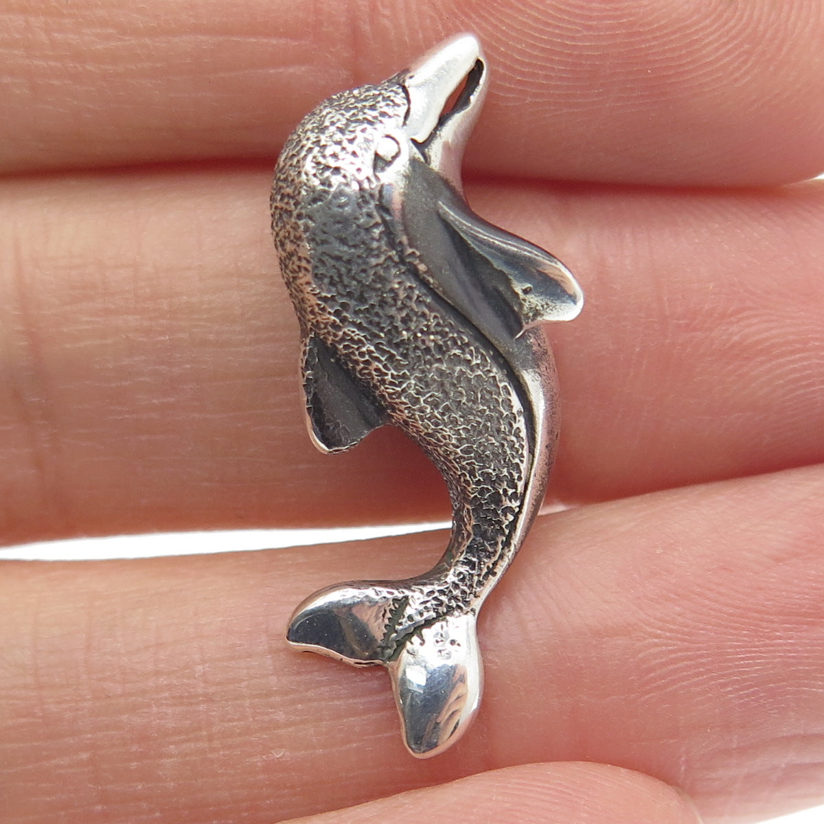 925 Sterling Silver Vintage Friendly Dolphin Oxidized Pendant