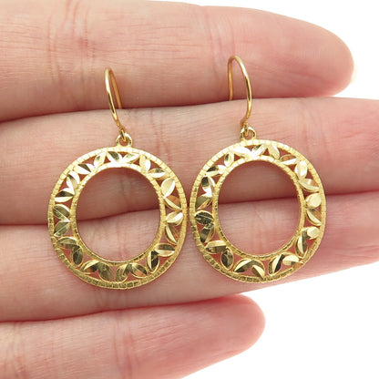 925 Sterling Silver Gold Plated Diamond-Cut Floral Leaf Dangle Earrings