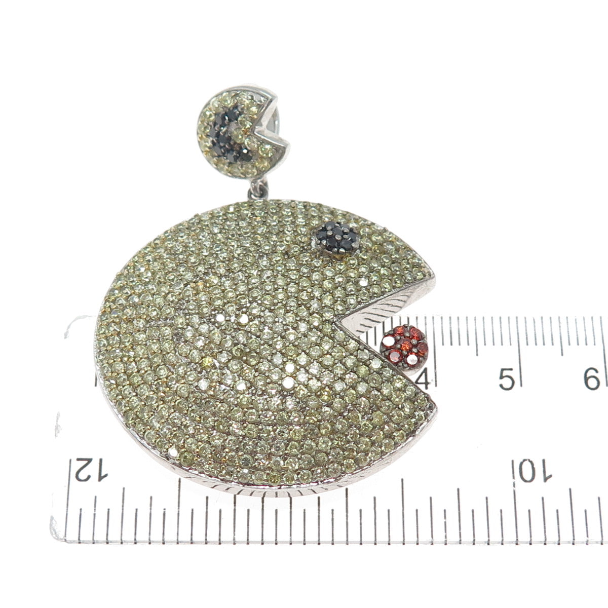 925 Sterling Silver Round-Cut Canary Black & Red C Z Pacman Pendant