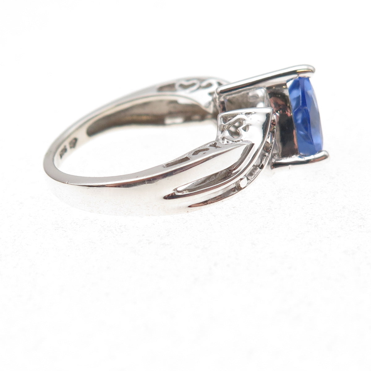 925 Sterling Silver Real Diamond & Iolite Love Oxidized Ring Size 5