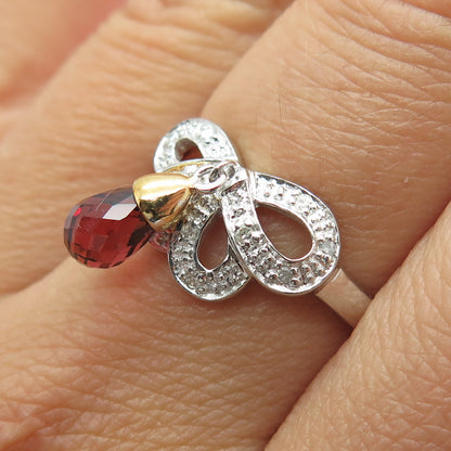 925 Sterling Silver 2-Tone Real Round-Cut Diamond Red Garnet Bow Ring Size 8.25