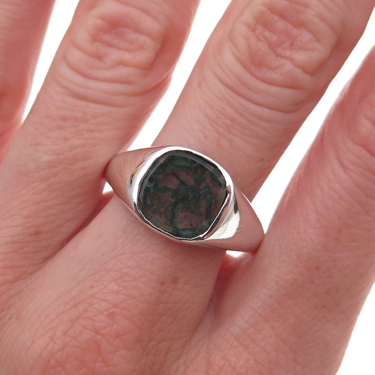925 Sterling Silver Vintage Real Dendritic Agate Signet Ring Size 12.75