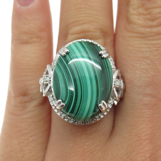 HN HENG NGAI 925 Sterling Silver Real Diamond & Malachite Ring Size 6