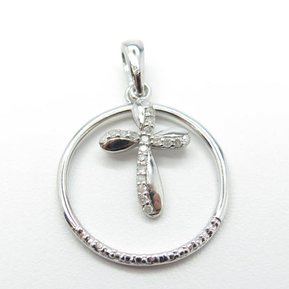 925 Sterling Silver Real Round-Cut White Diamond Cross Circle Pendant