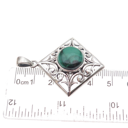 925 Sterling Silver Vintage Real Malachite Floral Oxidized Pendant