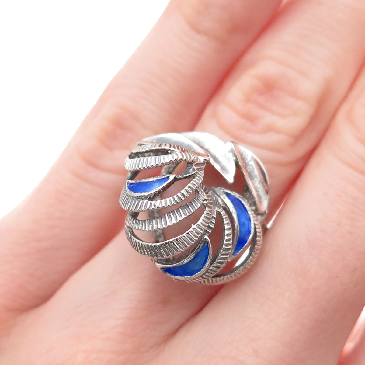 925 Sterling Silver Vintage Enamel Modernist Oxidized Adjustable Ring Size 5.75