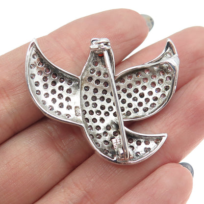 925 Sterling Silver Real Red Garnet Gemstone & C Z Dove of Peace Pin Brooch