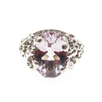 925 Sterling Silver Vintage Real Amethyst & White Topaz Modernist Ring Size 8