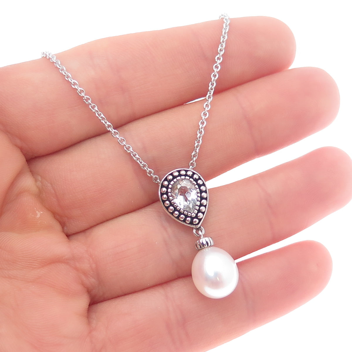 925 Sterling Silver Real White Topaz & Pearl Cable Chain Necklace 18"