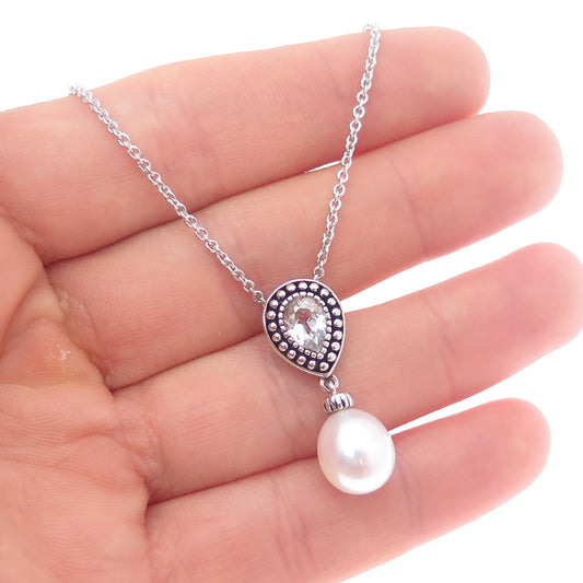 925 Sterling Silver Real White Topaz & Pearl Cable Chain Necklace 18"