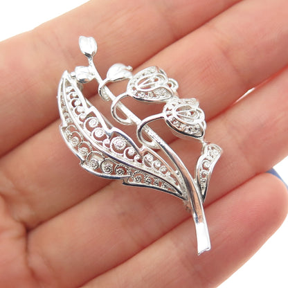 835 Silver Vintage Germany Bluebell Flower Filigree Pin Brooch