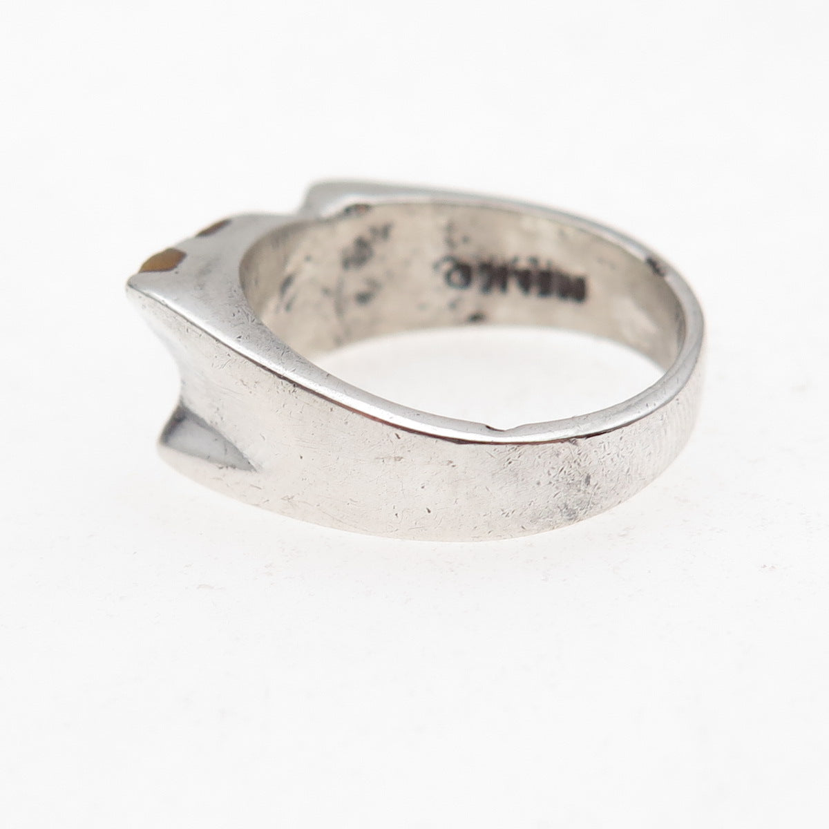 925 Sterling Silver Vintage Mexico Real Tiger Eye Modernist Oxidized Ring Size 6
