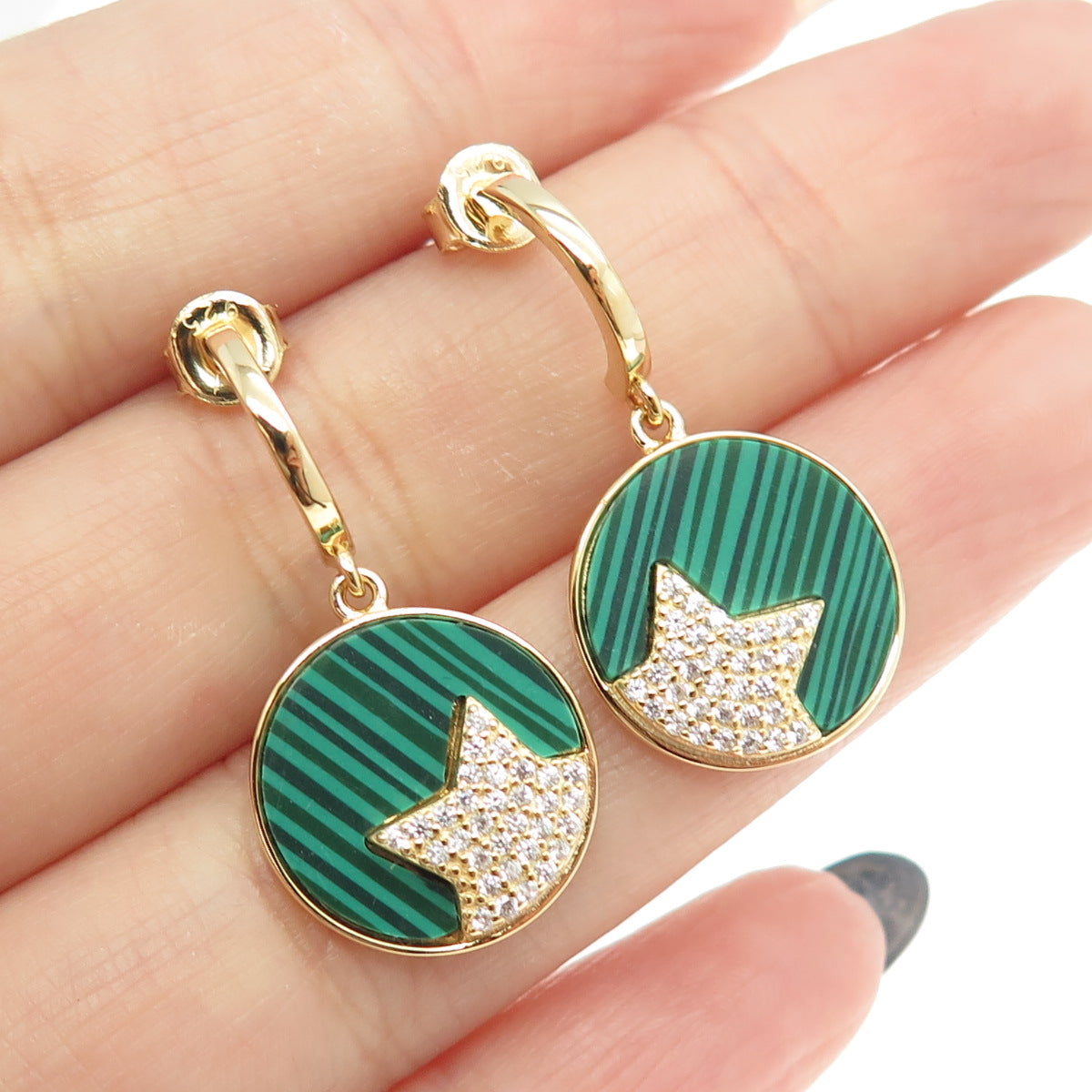 925 Sterling Silver Gold Plated Faux Malachite & C Z Star Dangling Earrings