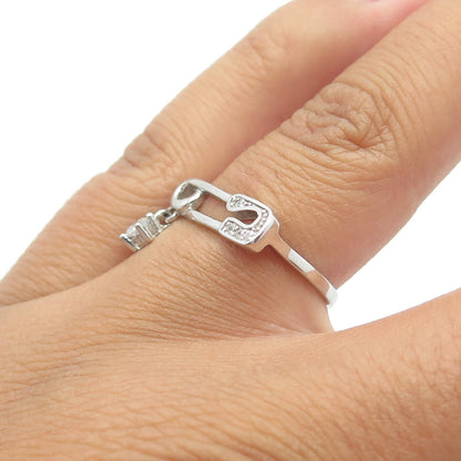 925 Sterling Silver White C Z Pin Clip Dangling Ring Size 5
