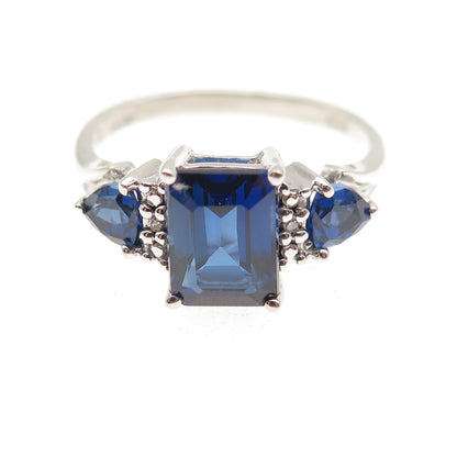 925 Sterling Silver Real Diamond & Lab-Created Sapphire Ring Size 8.25