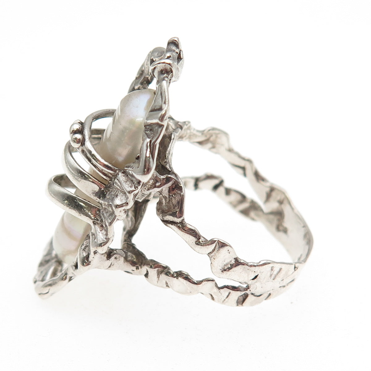 925 Sterling Silver Vintage Real Baroque Pearl Modernist Ring Size 8