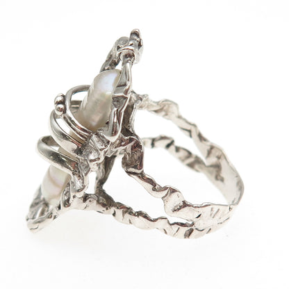 925 Sterling Silver Vintage Real Baroque Pearl Modernist Ring Size 8