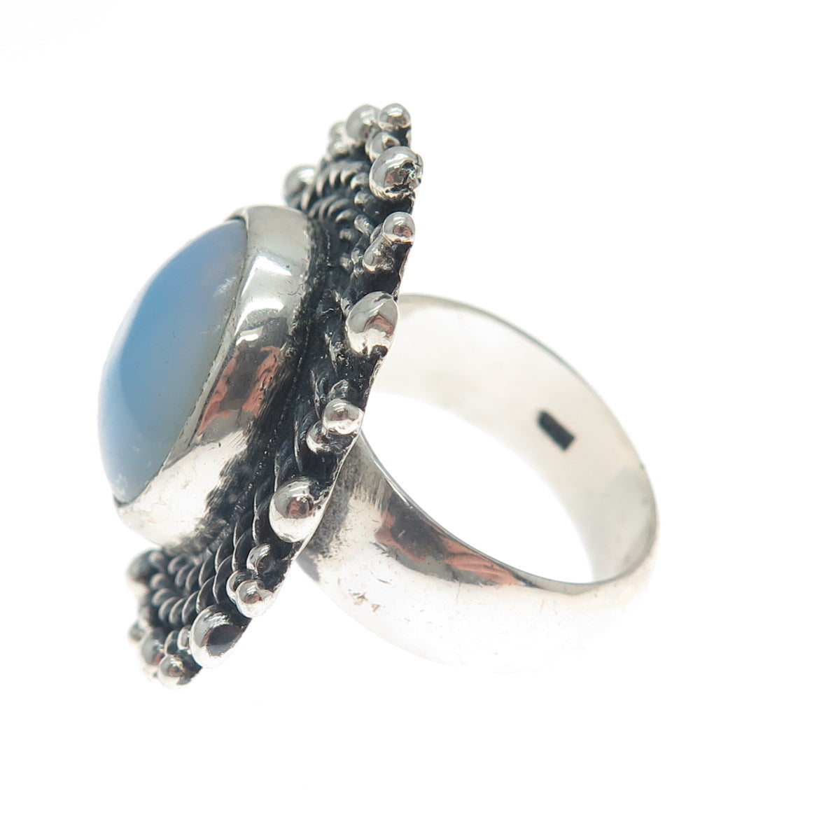 925 Sterling Silver Vintage Real Opalite Roped Beaded Sun Oxidized Ring Size 8.5