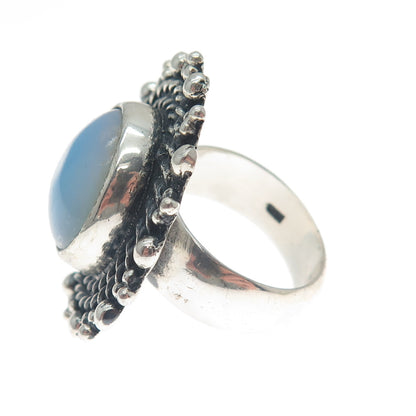 925 Sterling Silver Vintage Real Opalite Roped Beaded Sun Oxidized Ring Size 8.5