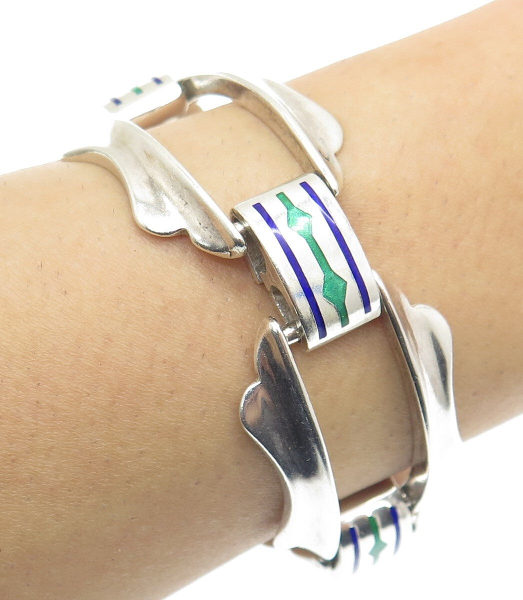 GIOR 925 Sterling Silver Vintage Italy Enamel Modernist Bracelet 7"
