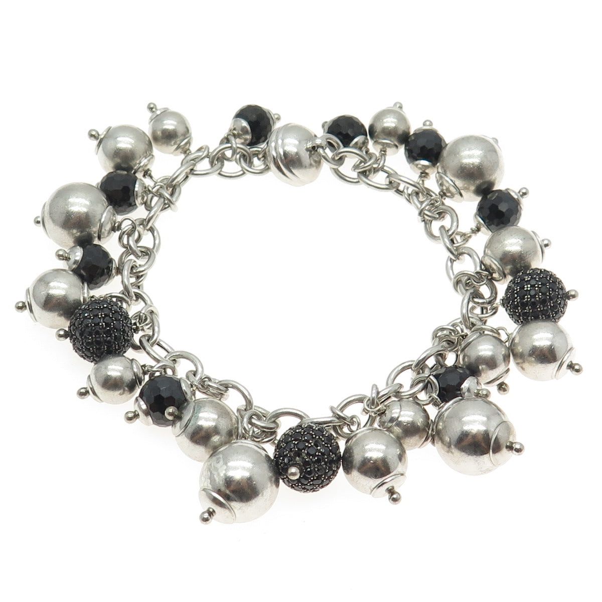 MILOR 925 Sterling Silver Vintage Italy Black Spinel Multi-Beads Bracelet 7"