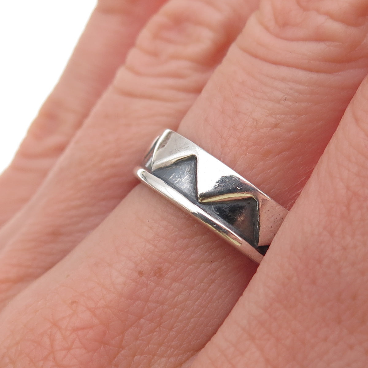 925 Sterling Silver Vintage Mexico Modernist Zig Zag Oxidized Band Ring Size 8