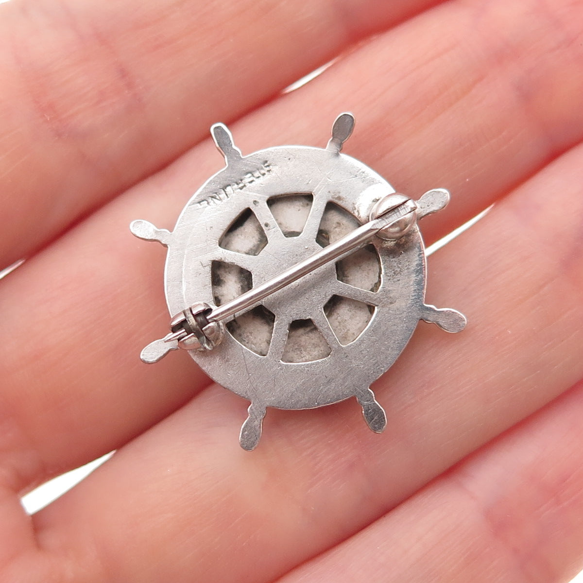 925 Sterling Silver Antique Art Deco Old Town Hand-Painted Ship's Wheel Brooch