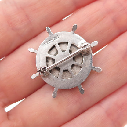 925 Sterling Silver Antique Art Deco Old Town Hand-Painted Ship's Wheel Brooch