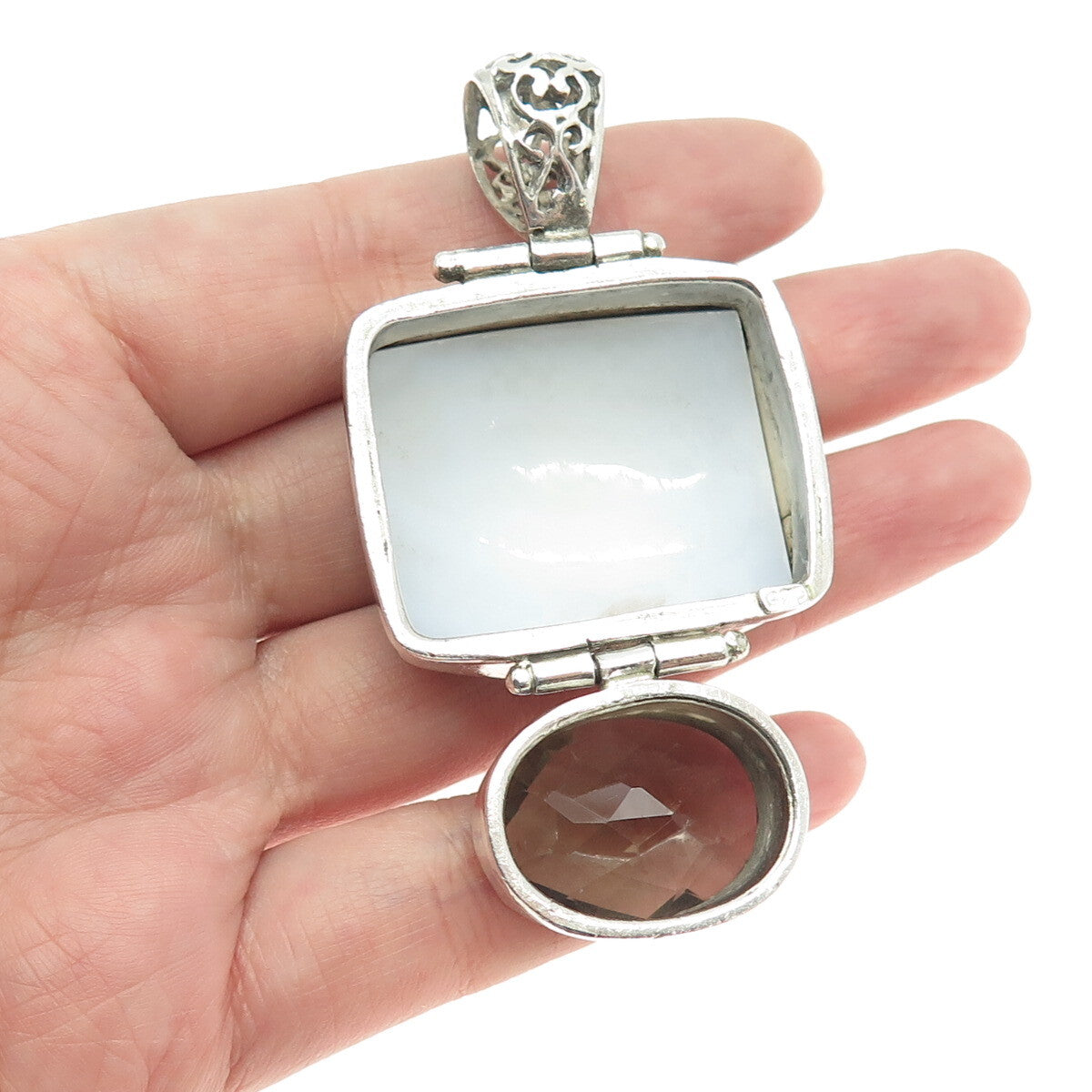 925 Sterling Silver Vintage Real Seashell & Smoky Quartz Modernist Pendant