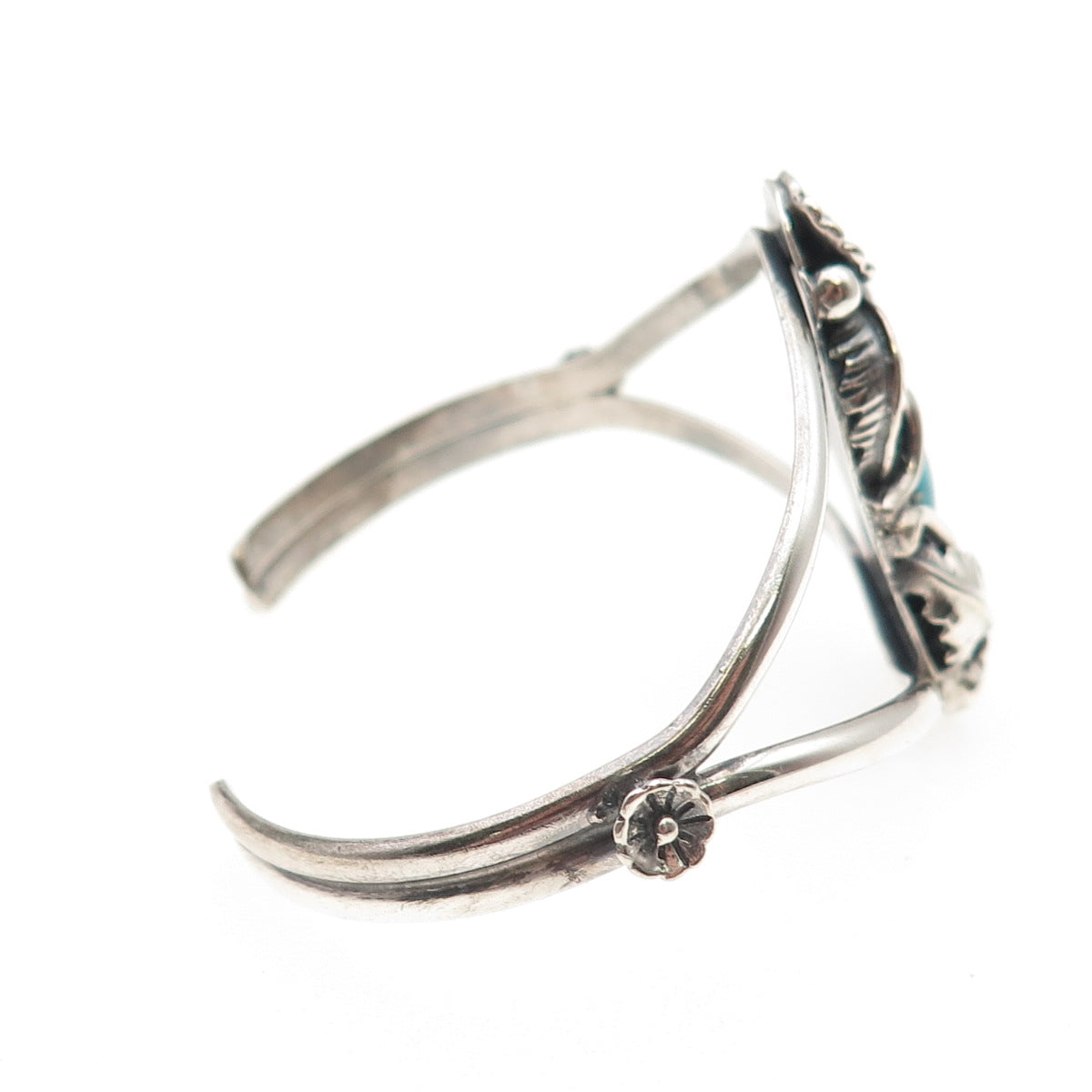 Old Pawn 925 Sterling Vintage Turquoise Flower Feather Adjustable Bracelet 5.75"