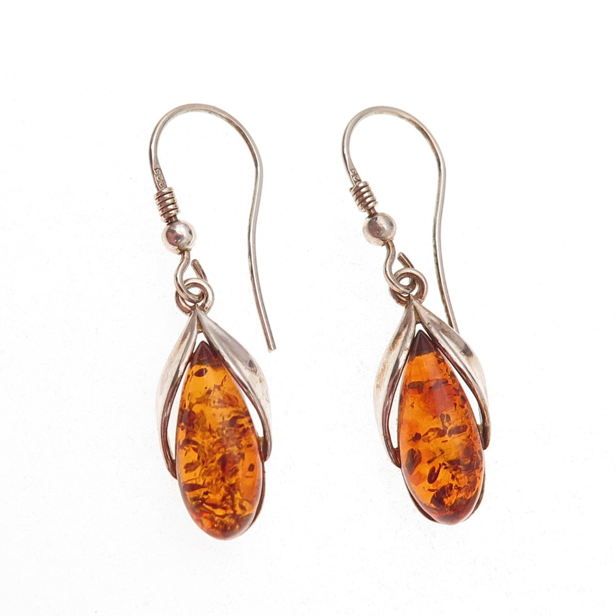 925 Sterling Silver Vintage Real Amber Modernist Floral Oxidized Dangle Earrings
