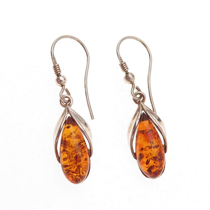 925 Sterling Silver Vintage Real Amber Modernist Floral Oxidized Dangle Earrings