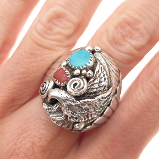 Old Pawn 925 Sterling Silver Vintage Turquoise & Coral Eagle Ring Size 11.5