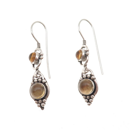 925 Sterling Silver Vintage Real Yellow Quartz Beaded Oxidized Dangle Earrings