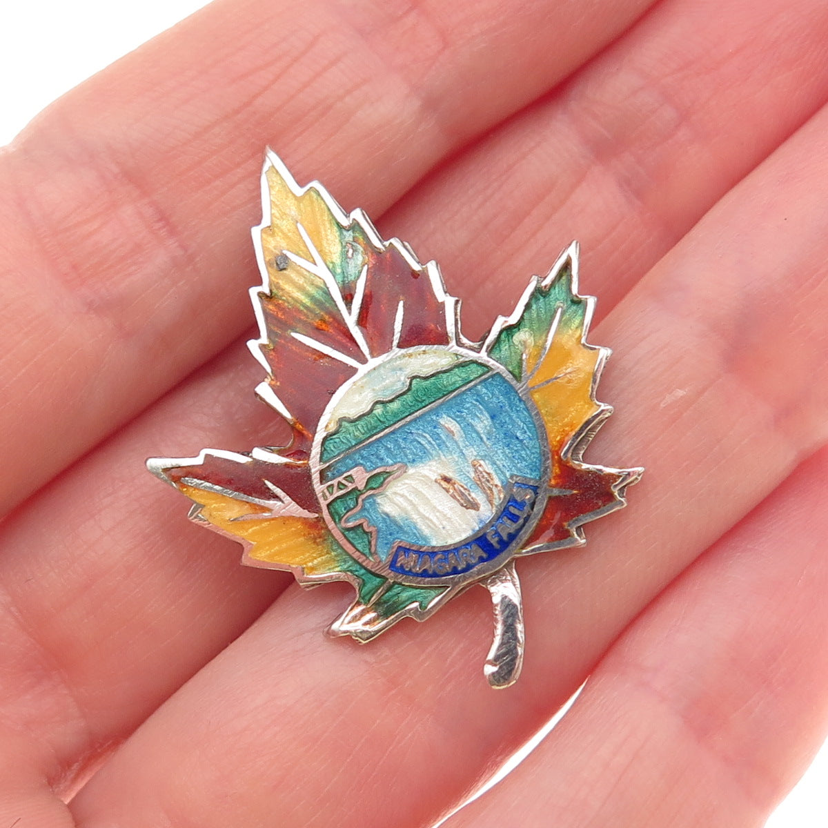 925 Sterling Silver Antique Art Deco Enamel Niagara Falls Maple Leaf Pin Brooch